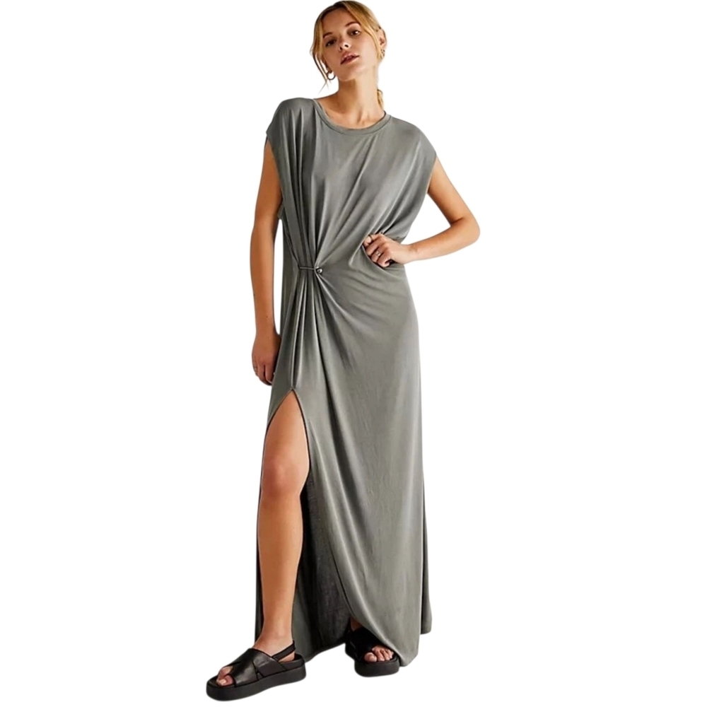 FREE PEOPLE Bianca Maxi Dress Sz XS Gray Side Slit Jersey Knit Beachy Resortwear